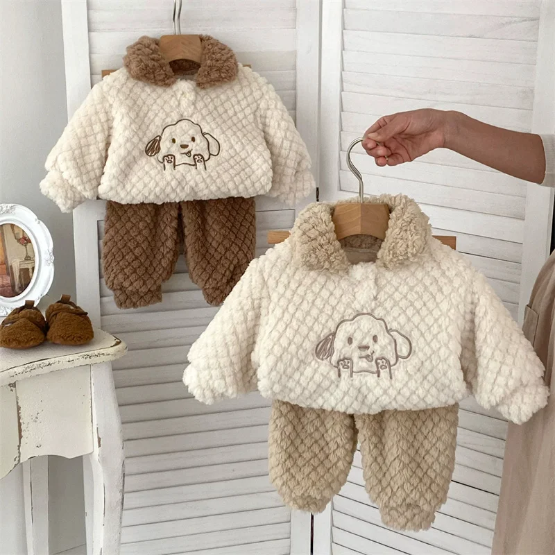 2025 Winter New Baby Long Sleeve Clothes Set Thick Warm Infant Girl Cartoon Plush Sweatshirt + Pants 2pcs Suit Toddler Outfits