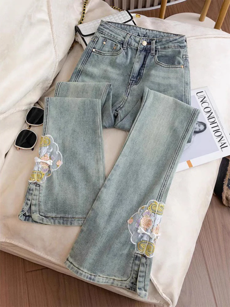 New Chinese style micro flared jeans women new summer slimming fashion niche design sense split versatile commute pants
