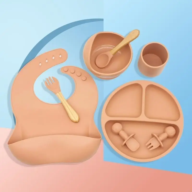 8 Pcs Baby Silicone Bibs Divided Dinner Plate Suction Bowl Spoon Fork Cup Set L8RB