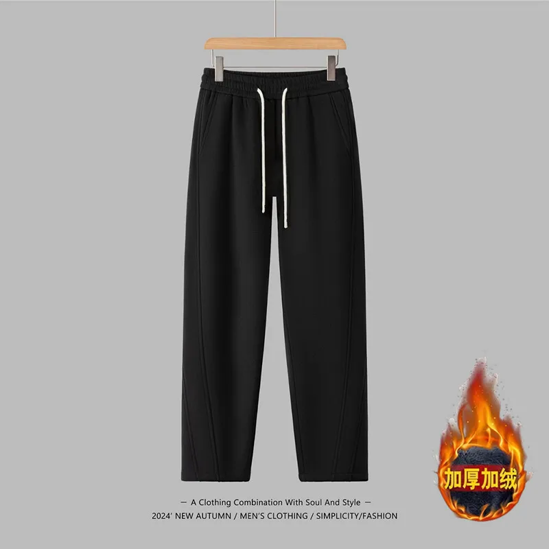 Winter Men's Sweatpants Korean Fashion Thick Warm Fleece Wide Leg Straight Loose Track Pants Male Casual Thermal Velvet Trousers