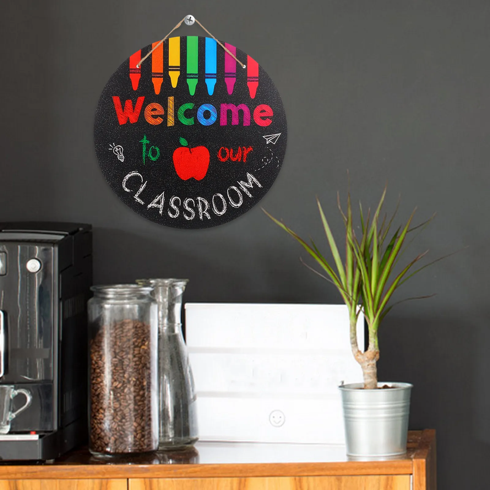 Classroom Door Hanger Round Wooden Back to School Welcome Sign with Crayons Vibrant Design Teacher Entry Decor