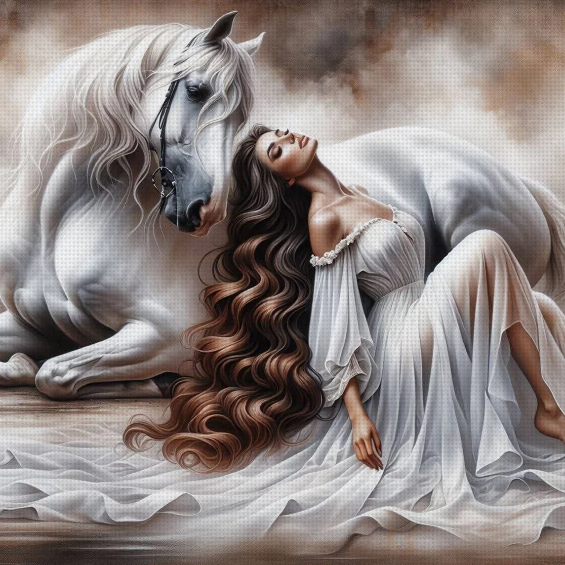 Girl & White Steed Cross Stitch Kit DIY 11CT Embroidery Home Wall Decor Gift Handmade Material Frameless Semi-Finished 36×36cm