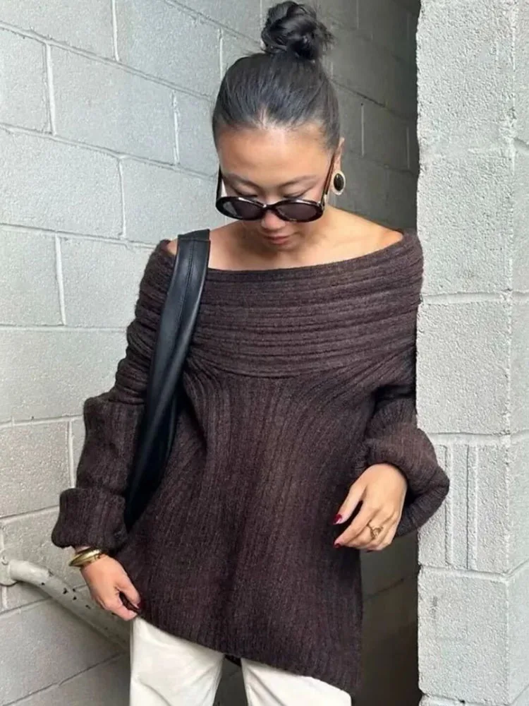 

Solid Off Shoulder Fold Cowl Neck Ribbed Knit Pullover Loose Drop Shoulder Long Sleeve Women Soft Casual Sweater Top 260602
