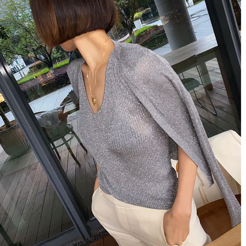 Primavera Outono V-neck Lantejoulas Camisola Fina Cardigan Mulheres Streetwear Moda Tendência Y2K Popularidade Casaco Sey Mesh Roupas Femininas