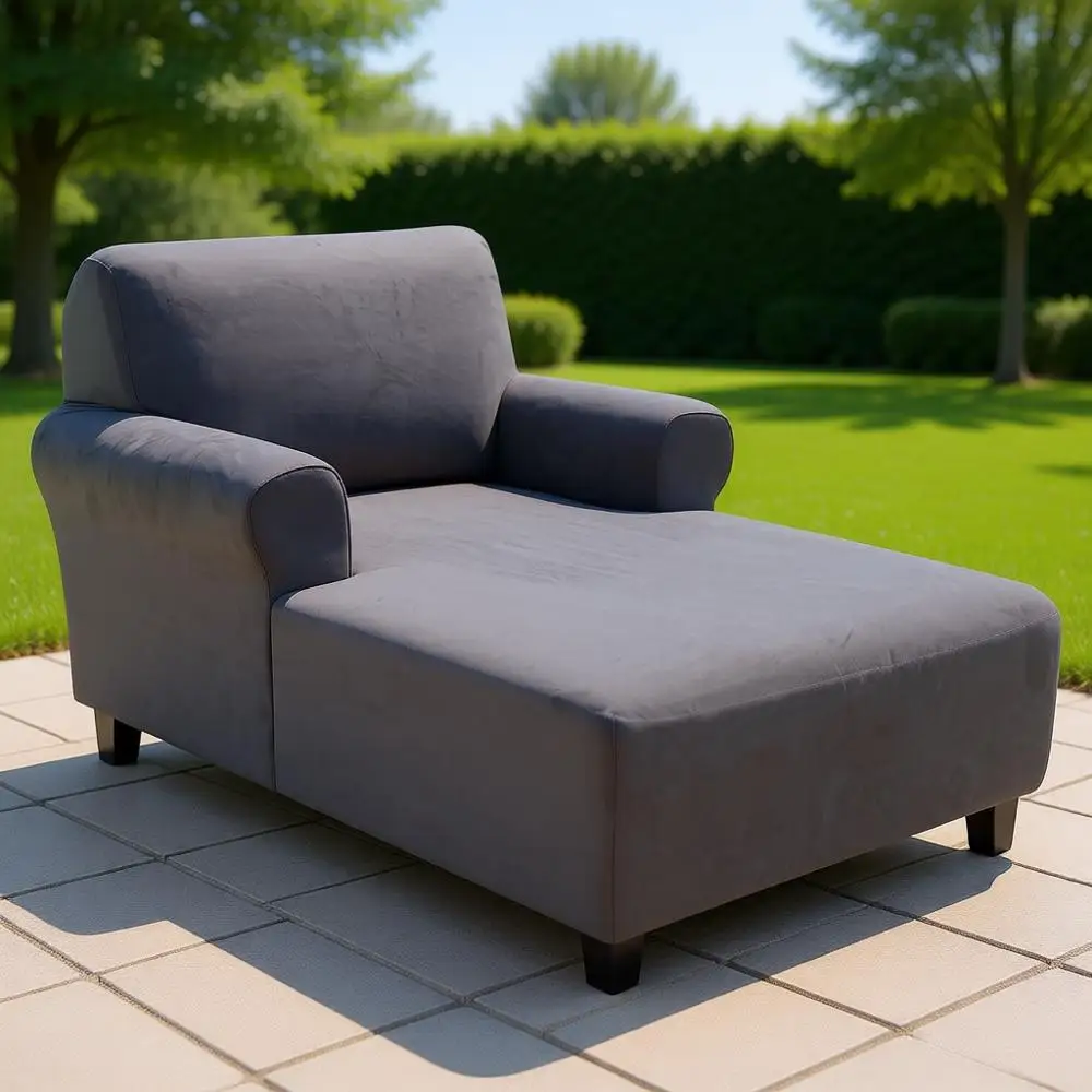 

Luxury Stretch Velvet Chaise Lounge Cover, High-Quality Washable Sofa Slipcover with Arms, Grey