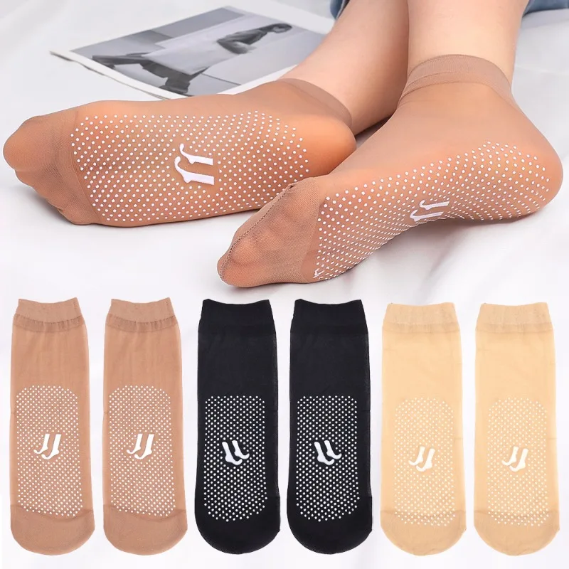 Soft Nylon Silk Ankle Sock Spring Summer Non-Slip Transparent Thin Bottom Splice Ladies Breathable Stocking Women Short Sox