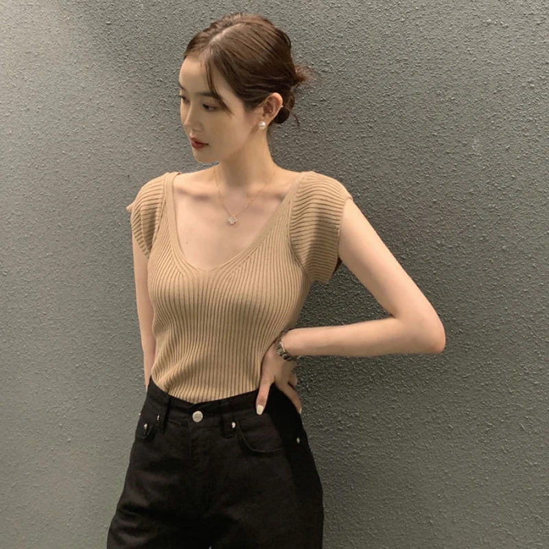 

Chic V-Ne ort Sve Knitwear Women's Thin Design Sensation Slimming Summer White Top Korean Sle Commute Pure Color