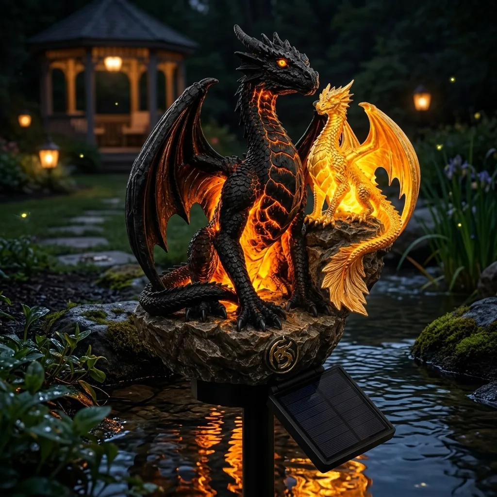 Solar Powered Dual Dragon Garden Stake Light, Resin Luminous Dragon Statue, Outdoor Waterproof Yard Pathway LED Lamp