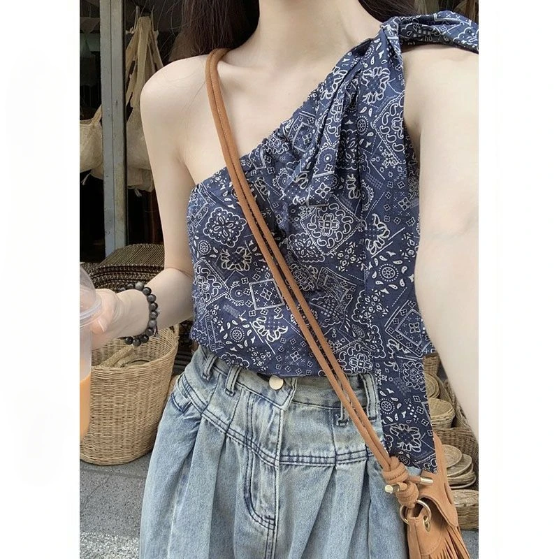 

Strap Design Retro Printed Diagonal Shoulder Vest Women Wear Short Sleeveless Tops