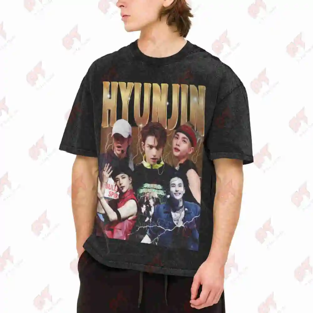 Hyunjin Kpop Idol Retro 90S Vintage Washed Tee Pure Cotton T-Shirt