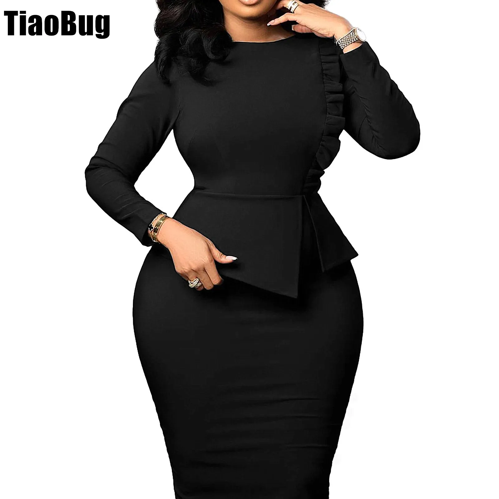 

Womens Elegant Ruffles Pencil Dress Long Sleeve Slim Fit Asymmetrical Peplum Hip Wrap Midi Dress for Office Cocktail Party