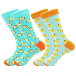 2 pairs of new winter cartoon cute little yellow duck pattern men's couple fashion trend mid-calf socks