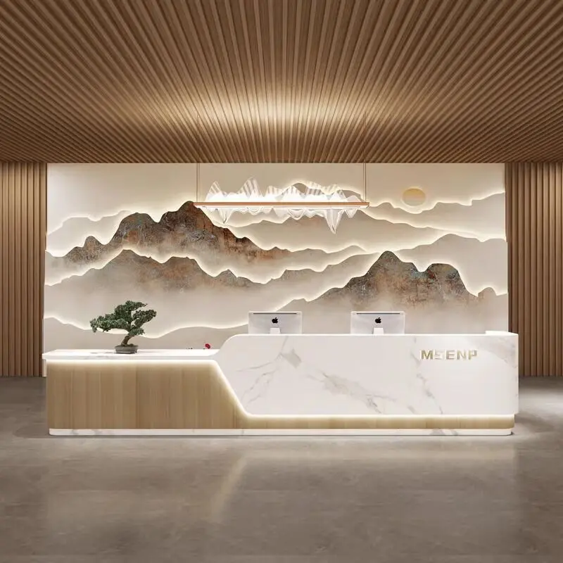 

Современная простая стойка регистрации компании, бар, угловая барная касса, тренажерный зал, офис продаж, вестибюль отеля, стойка регистрации