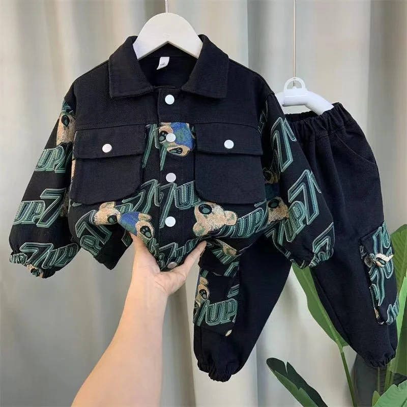 

Boys Spring Fall Fashion Tide Cool Jeans 2pcs Outfits Long Sleeve Lapel Jacket+Pants 2pcs Boutique Korean Kids Sports Clothing