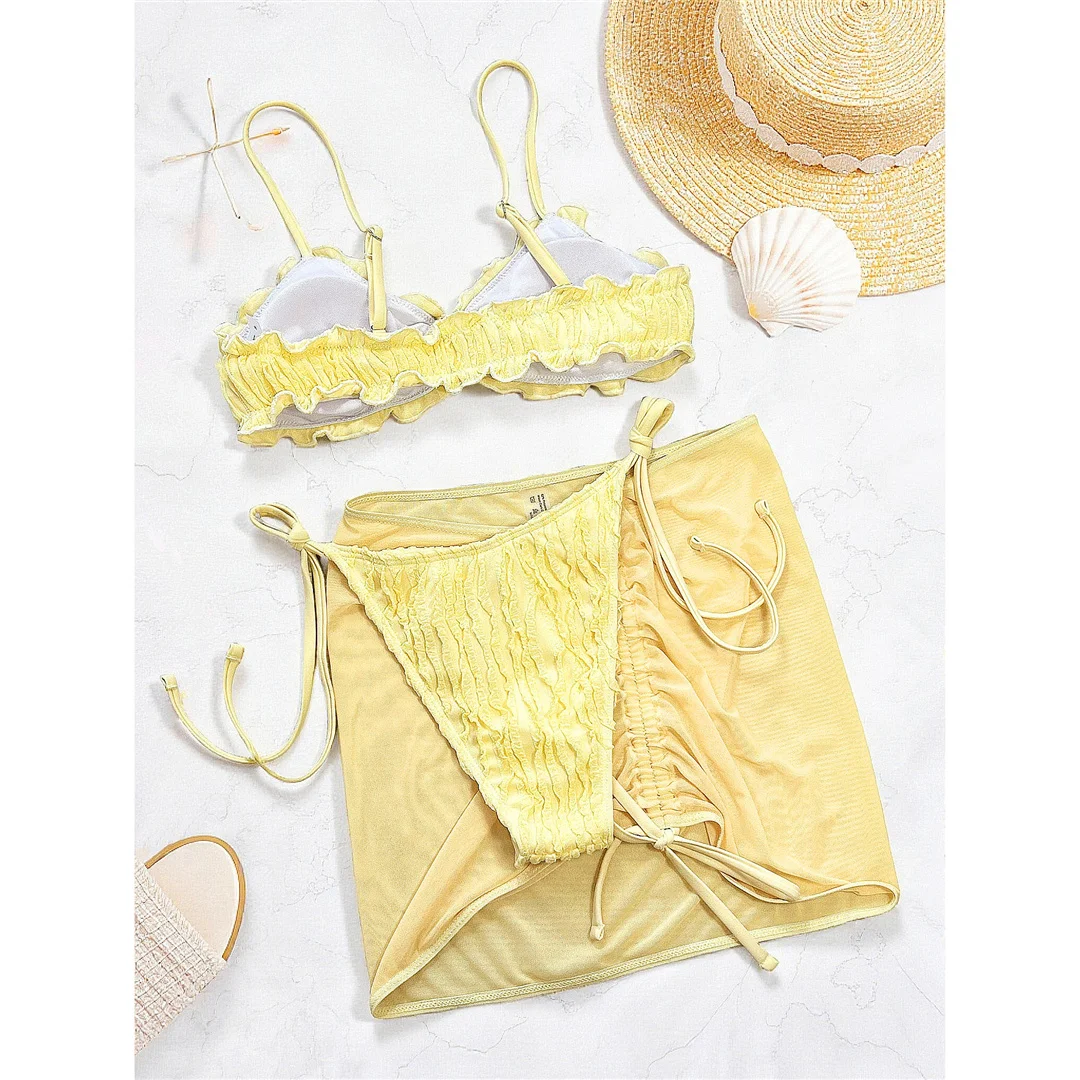 Gelber Rüschen-Bikini mit Rock, geraffter Neckholder-Bikini, Damen-Badeanzug, dreiteiliges Bikini-Set, Damen-Badebekleidung, Badeanzug, Bather V7607 – Detail 4
