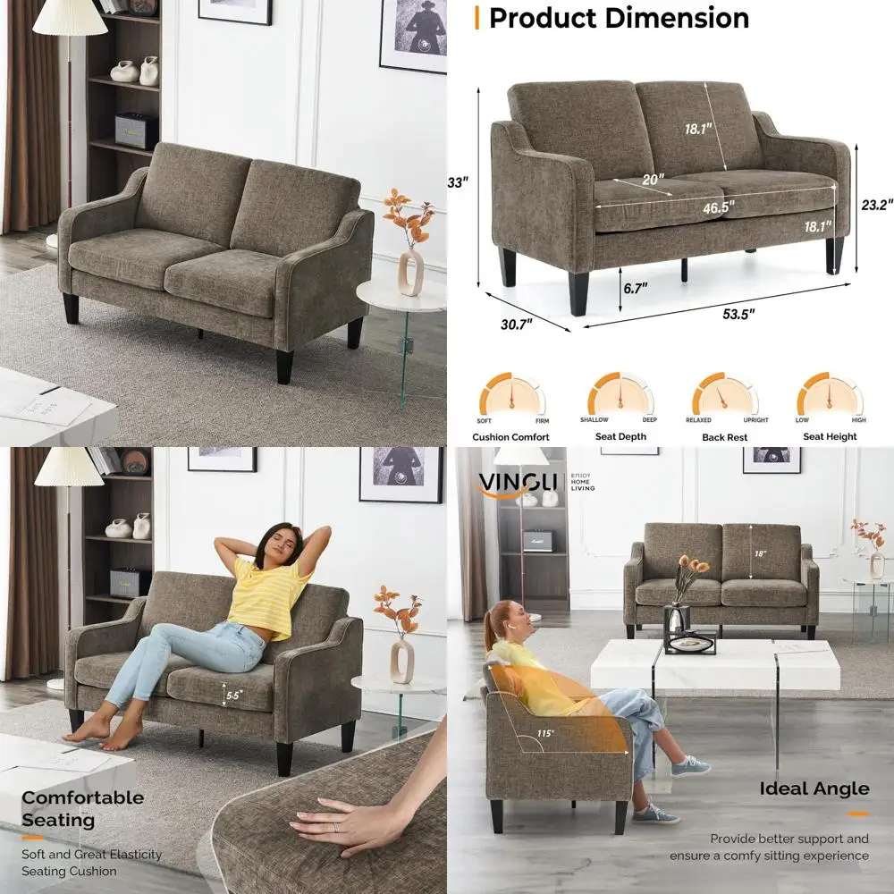 Mid Century Modern 2-Seater Love Seat Sofa in Soft Chenille with Scooped Armrests, Ideal for Small Spaces