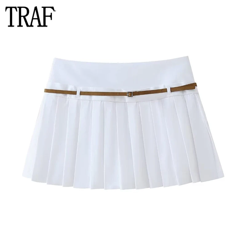 TRAF White Box Pleated Skirt Women Belt Mid Rise Skort Women Summer Office Mini Skirts for Women Streetwear Short Skirts Woman