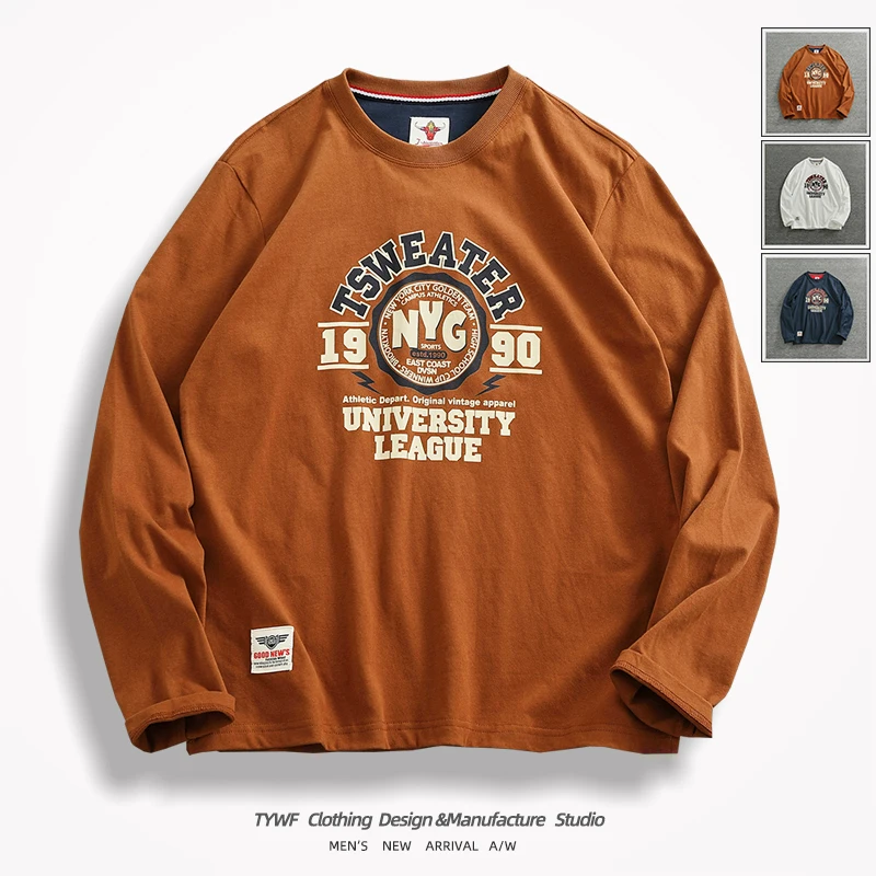 Long Sleeve Cotton T-Shirt Men's Spring Autumn Vintage American Print round Neck Washed Flocking Casual Fashion Urban Style
