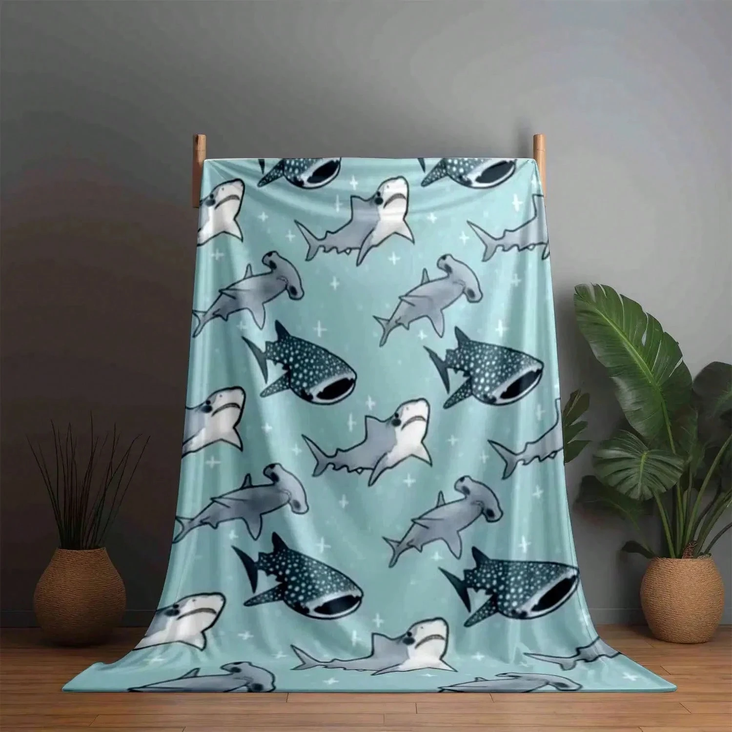 Sharks and Whales Marine Organisms Blanket Flannel Printed Blanket for Camping&Travel Suitable for Sofa Bedroom Living Room Bed