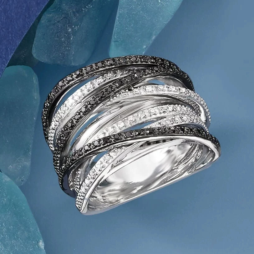 Multiple Layers Twist Finger Rings Black&White Cubic Zirconia Micro Paved Gift for Women Versatile 925 Sterling Silver Jewelry