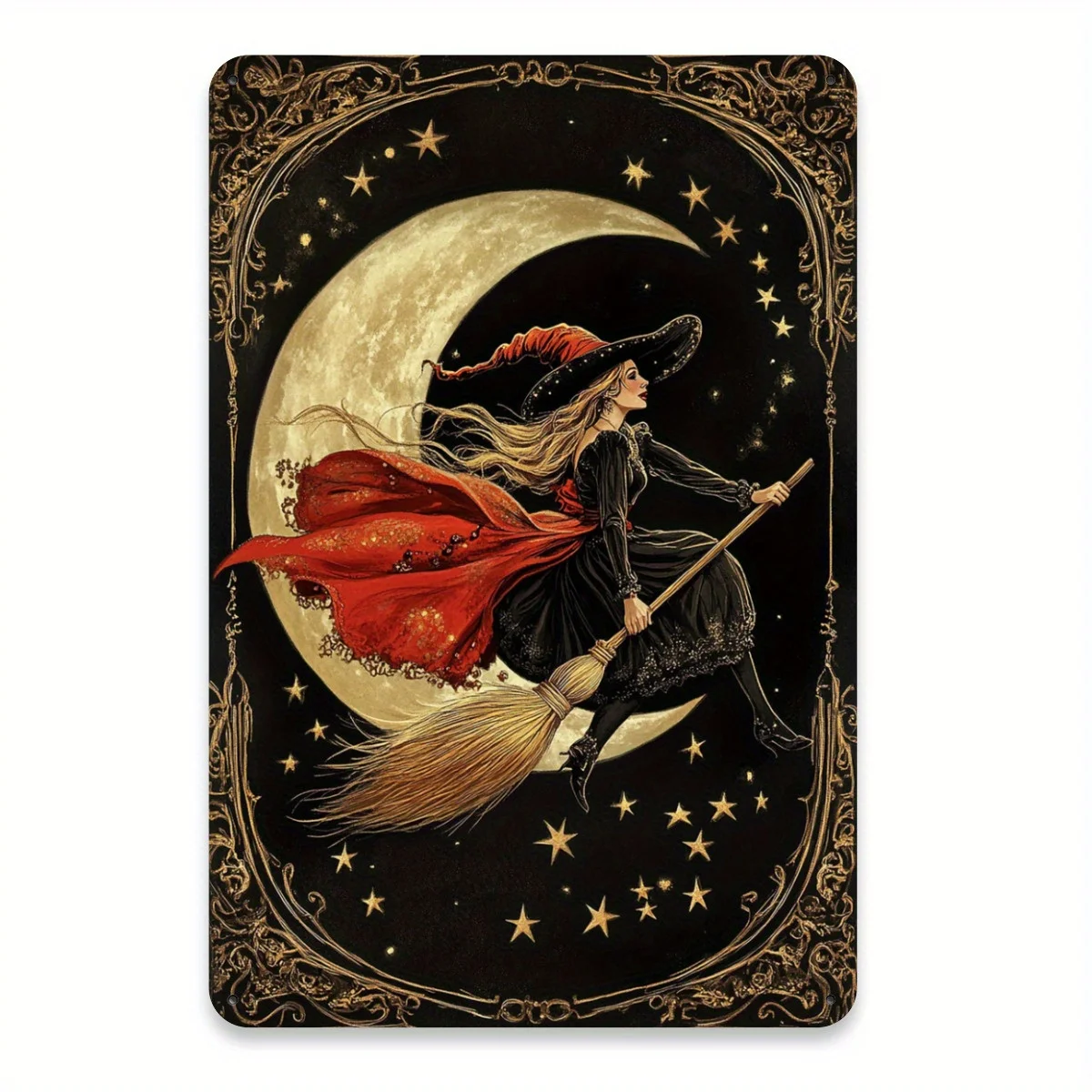 1pc 2D Flat Vintage Witch on Broomstick Tin Sign 8×12 Inch, Whimsical Halloween Wall Art Decor for Cafe, Bar, Garage Indoor‑Outd