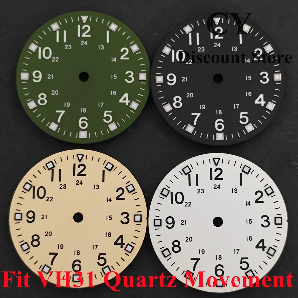 RICHUS 28.5mm VH31 Quartz Watch Dial 24H Arabic Numerals Luminous Square Index Green Black Beige White DIY Watch Parts