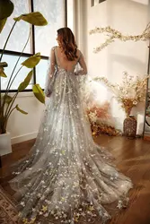 Celebrity Unique Boho Wedding Dress Gray Tulle A-Line White and Gold Sequin Star Bell Sleeve Front and Back Deep V Neck Dress