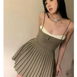 Hotsweet Y2K Pleated A-line Short Skirt Small Girl Slash Neck A Line Patchwork Ballet Strap Dress Summer Super Mini Party Dress