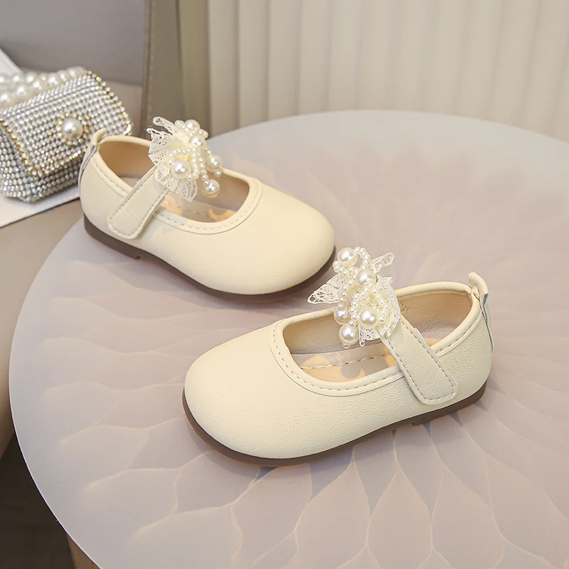 Little Girls Lace Bow Mary Jane Shoes Toddlers Party Wedding Children Pearl Flat Shoes Causal Non-slip Kids First Walker Shoes