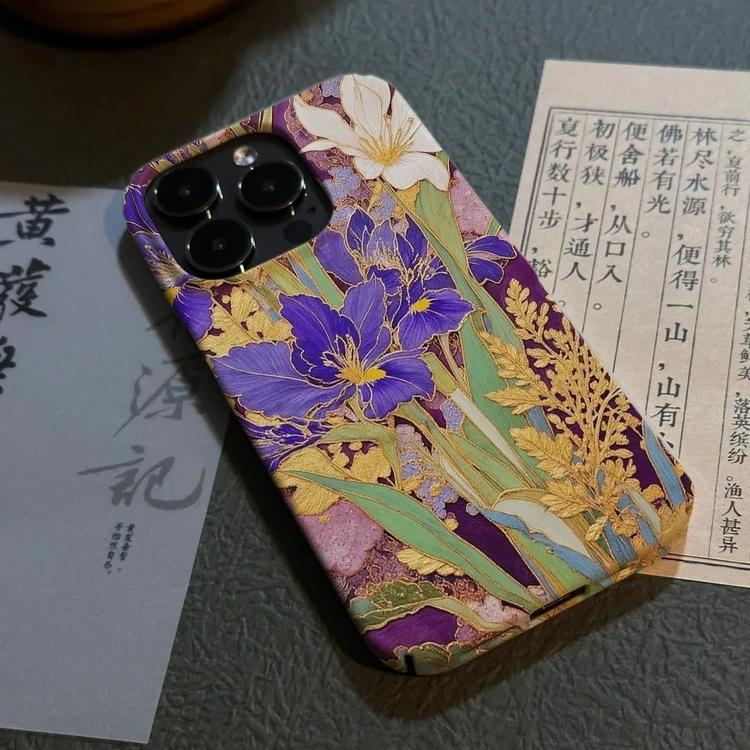 حافظة هاتف رائعة وأنيقة على شكل زهرة القزحية الأرجوانية ونمط فني لهاتف آيفون 16 15 14 11 12 13 Pro Max Plus #3