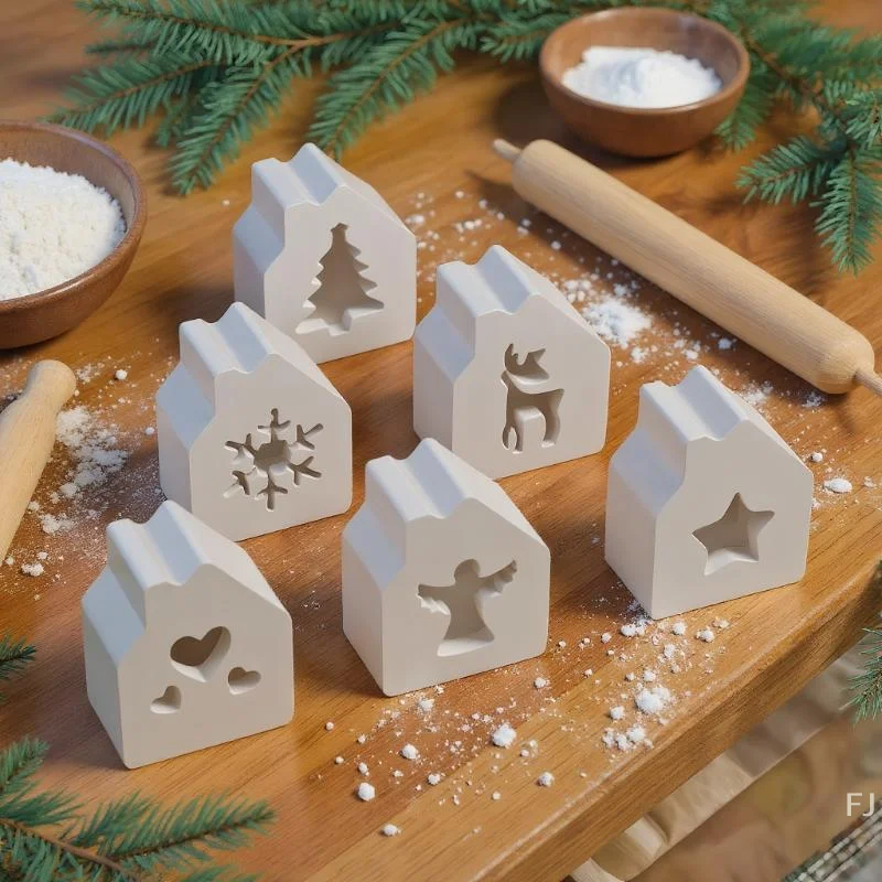 

[YU]1pc 6-Cavity Christmas House Candle Holder Silicone Mold, Christmas Series Theme Hollow House Mold, Resin Casting Mold