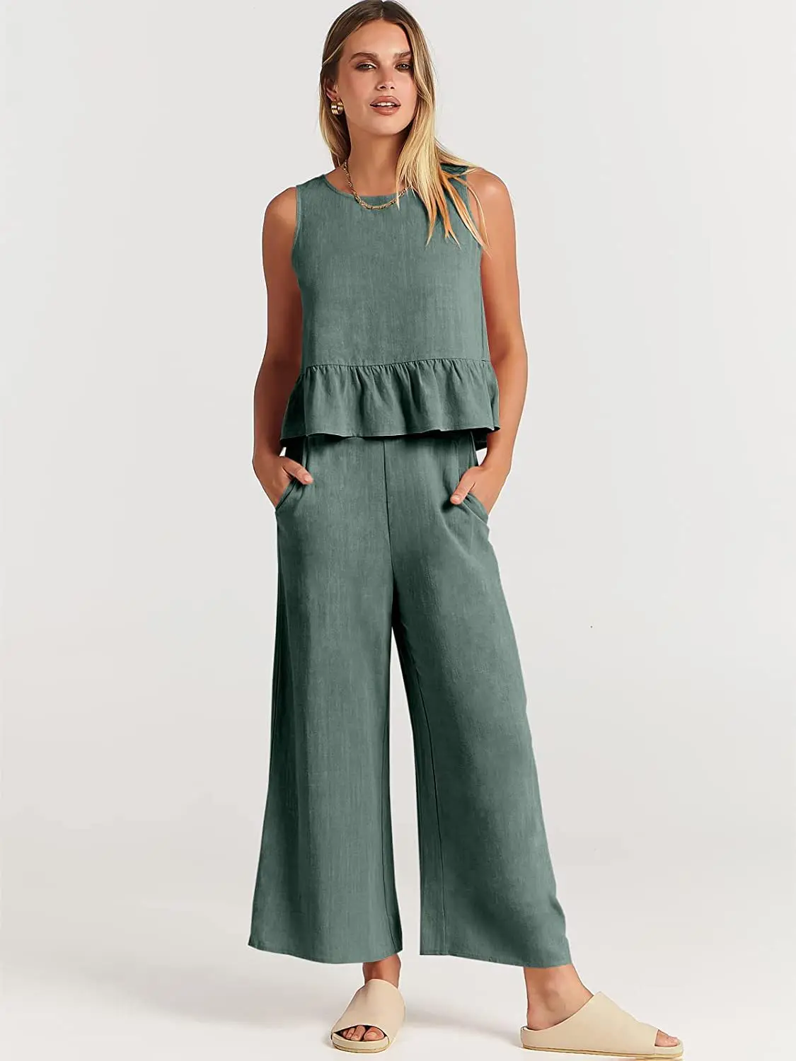 Women Fashion Vest Tank Sleeveless Pocket Pant Ruffles Casual Wid Leg Elegant Loose Suits Jumpsuits