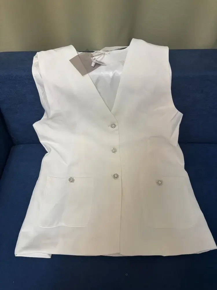 Pop ภาษาฝรั่งเศสคํา Elegant แฟชั่นสีขาวชุดเสื้อกั๊กผู้หญิงฤดูร้อนเอวสูงหรูหรา Slim แขนกุด All-Match Coat Office Lady ผ้า