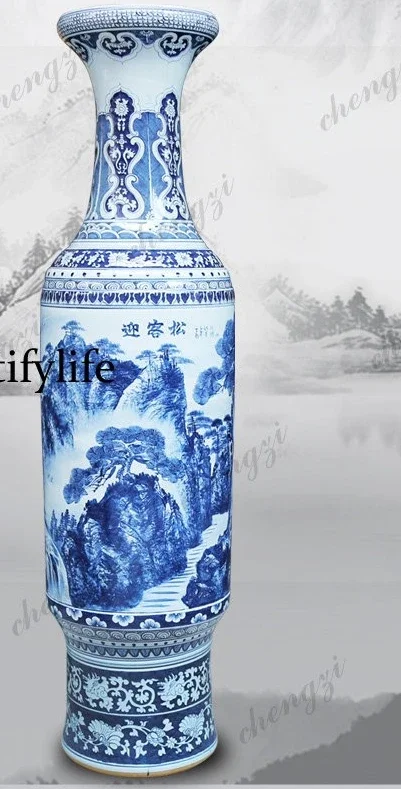 B56 Jingdezhen ceramic floor-to-ceiling vase antique hand-painted welcome pine blue and white porcelain, living room ornament