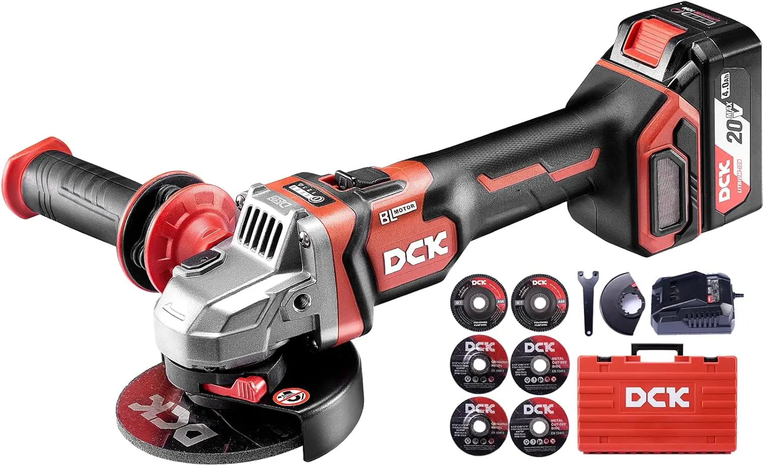 

20V Cordless Angle Grinder, 4.5' Brushless, 4000mAh Battery, 6-Piece Discs, Tool-Free Guard, Drop & Overload Protection