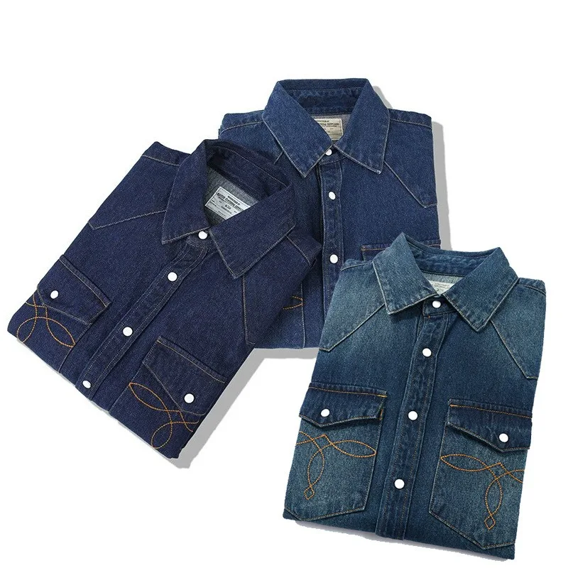 2023 New Denim Cotton Men\'s Shirt Long Sleeve Black Blue Drop Shoulder Button Pockets Cowboy Loose Casual Work Jeans Shirts