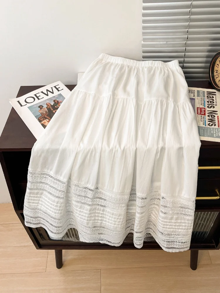 

Белая юбка-миди трапециевидной формы, женская летняя дизайнерская юбка-зонтик длиной миди с вырезами и вышивкой, высокая талия