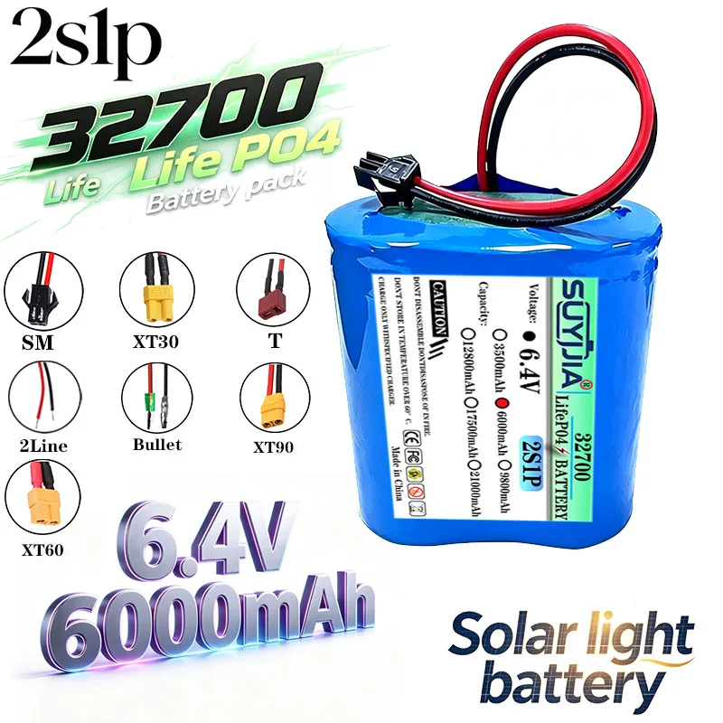 New 6.4V 6000mAh LiFePo4 Battery, 2S1P 32700 Cylindrical Battery Pack, Solar Energy Storage, High Density Lithium Iron Phosphate