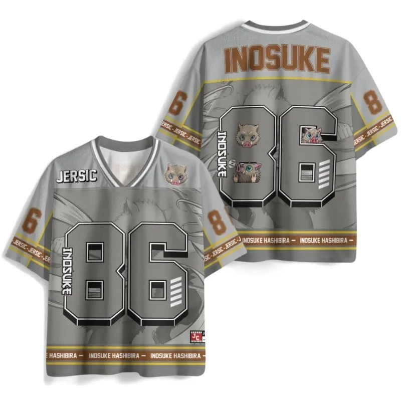 2026 New Demon Slayer: Kimetsu No Yaiba Inosuke Anime Jersey, Fashionable V-neck Short-sleeved Unisex, Children's Sports T-shirt