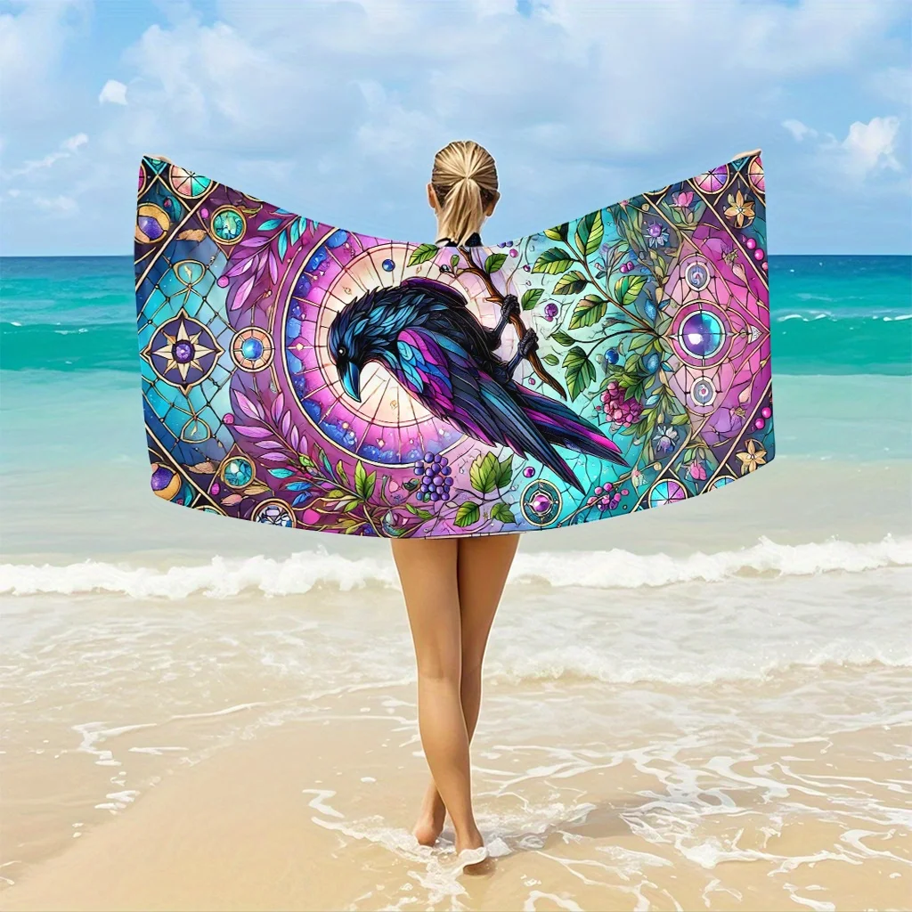 Mystical Raven Stained Glass Beach Towel, Jewel Tones Crow Design Quick-Dry Sand-Free Bath Towel for Pool and Vacation