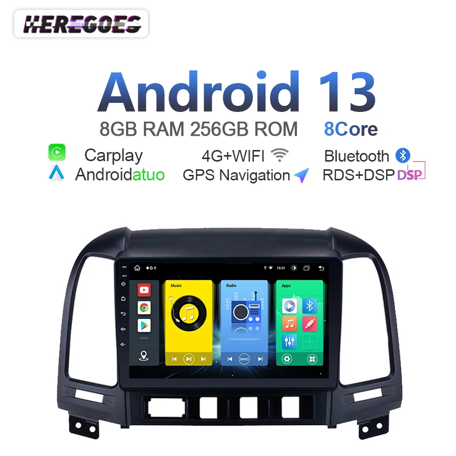 

Автомобильный радиоприемник 720P Android 13 для Hyundai Santa Fe 2006-2012 Carplay GPS-навигация Стерео Bluetooth 4G LTE Wi-Fi Мультимедийный плеер