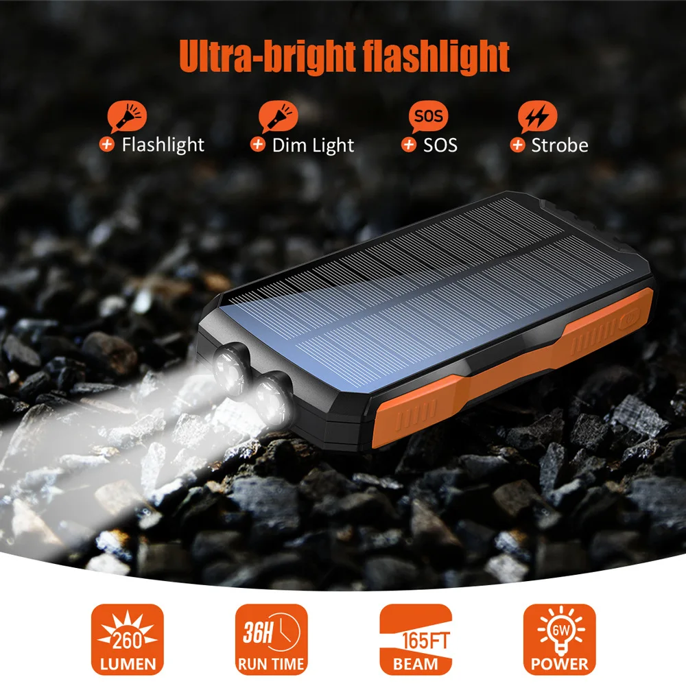 Solar Power Bank 30000mAh torcia a luce forte ricarica Wireless solare potenza Mobile impermeabile LEDusb luce da campeggio di emergenza