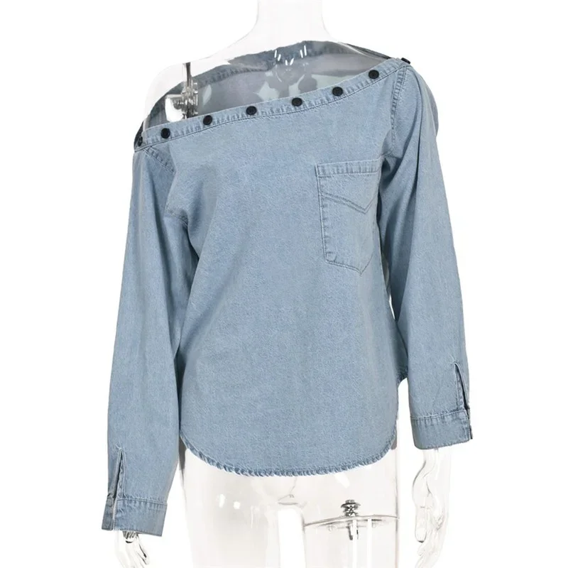 2024 Spring and Summer Denim T-shirts for Streetwear Fashion Patchwork Design Button Decor Slash Neck Long Sleeve Casual Tops