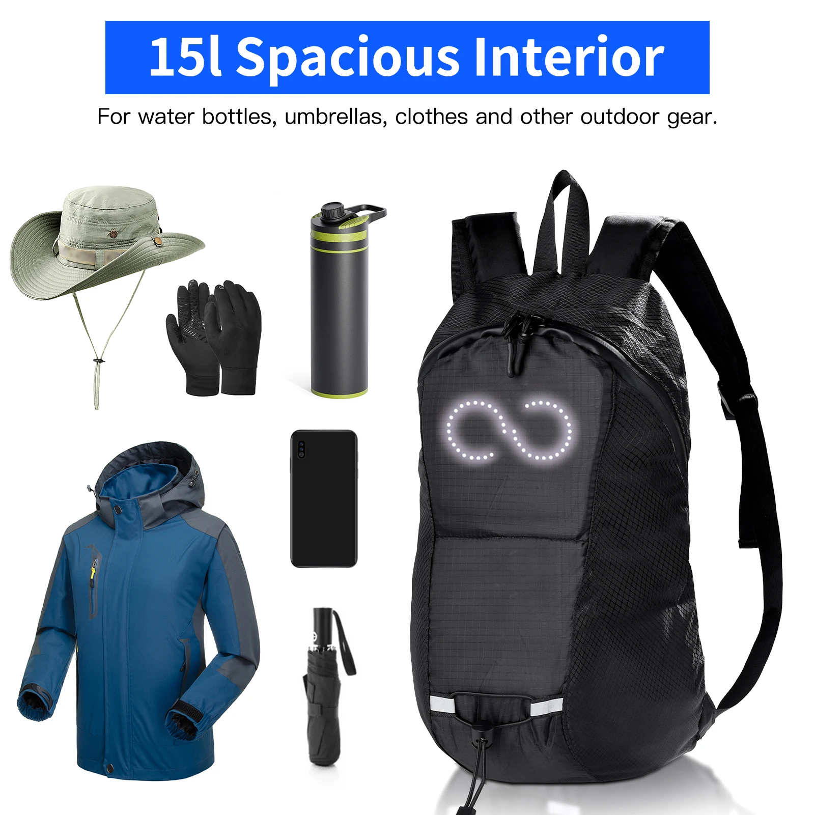 15L Colorful LED Backpack Riding Backpack Outdoor Hiking Backpack For Bike Riding Men Women Lightweight Backpack