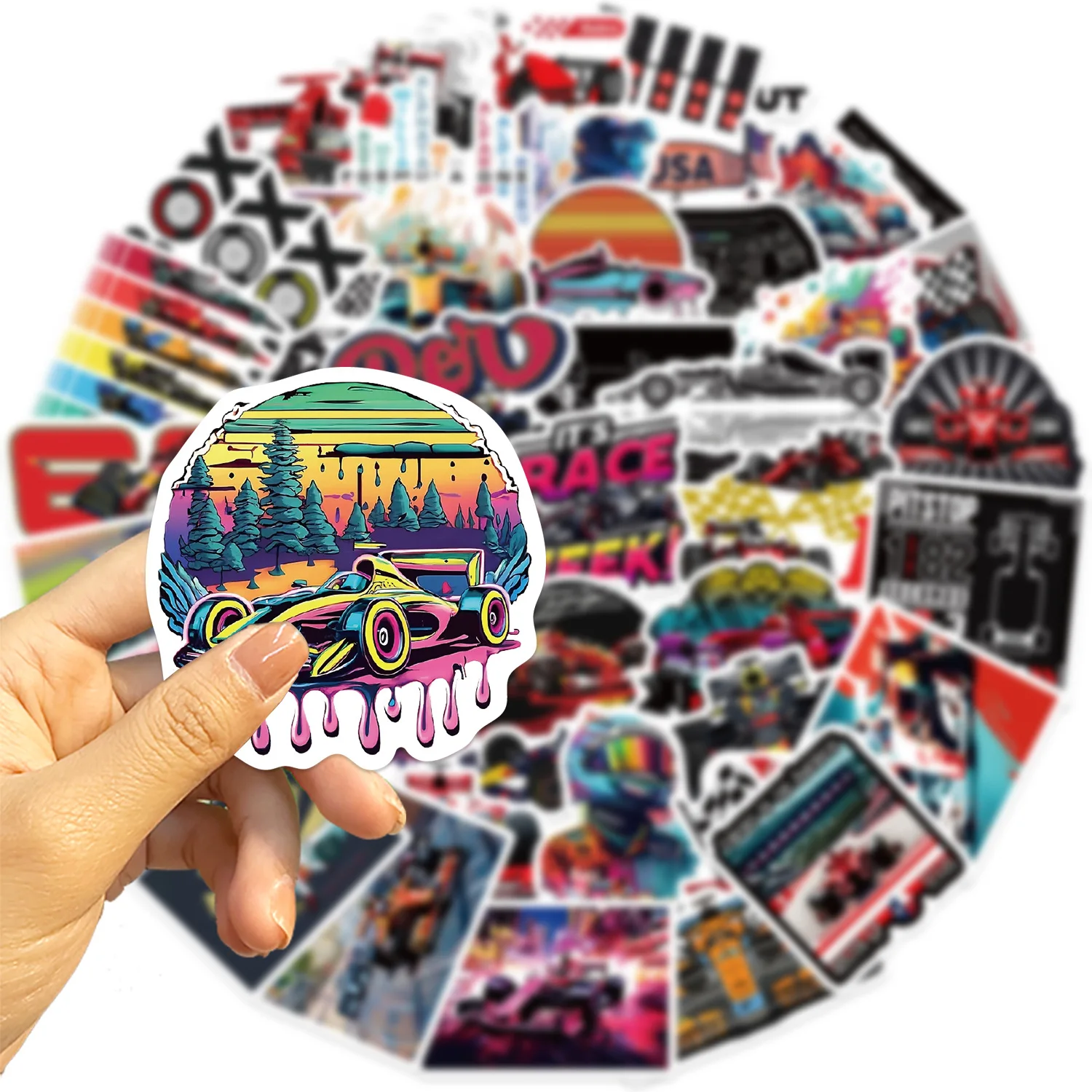 50PCS F1 Formel 1 Racing Wettbewerb Wasserdichte Aufkleber Dekoration DIY Notebook Mobile Gitarre Wasser Tasse Koffer Graffiti Spielzeug
