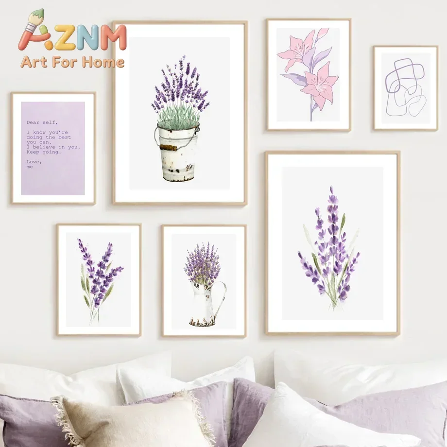 AZNM Lavender Purple Floral Canvas Poster Watercolor Flower Positive Quote Abstract Line Art Print Bedroom Home Wall Decor Unfra