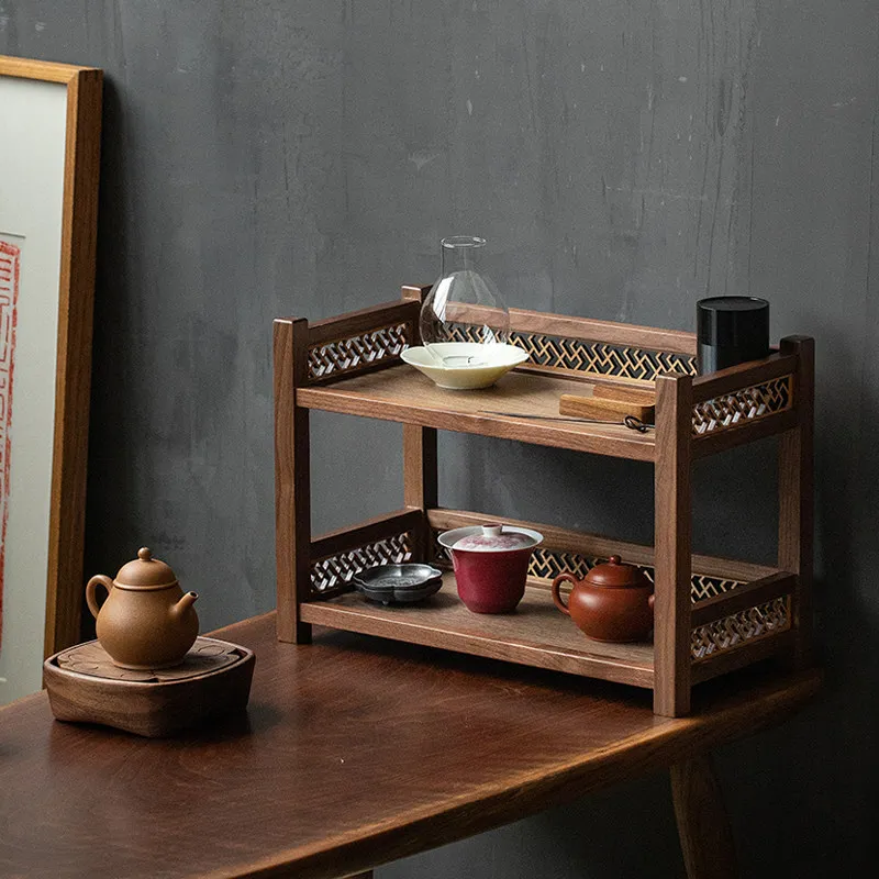 Black Walnut New Chinese Style Small Desktop Tea Cup Storage Rack Solid Wood Curio Shelf Teaware Display Organizer Stand