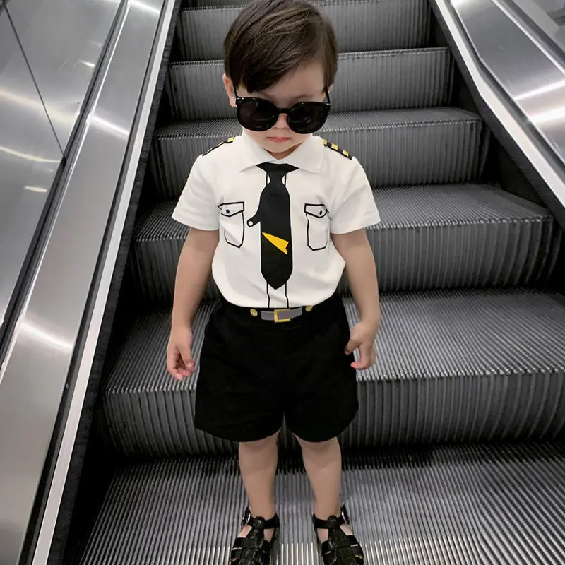 Kids Boys Clothing Sets Summer New Style Brand Baby Boys Short Sleeve Pilot Shirt+Pant 2Pcs Children Clothes Suits 12M-5Y