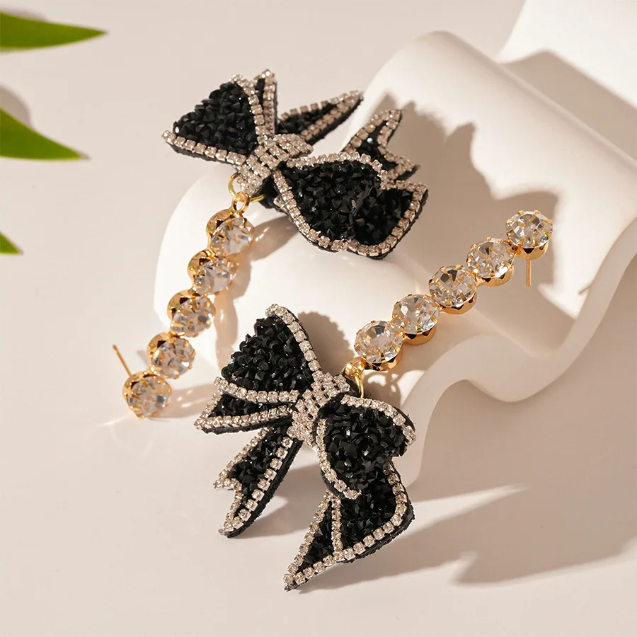Shiny Black Zircon Crystal Bow Drop Earrings for Women Bowknot Earrings Full Rhinestone Long Earring Party Jewelry