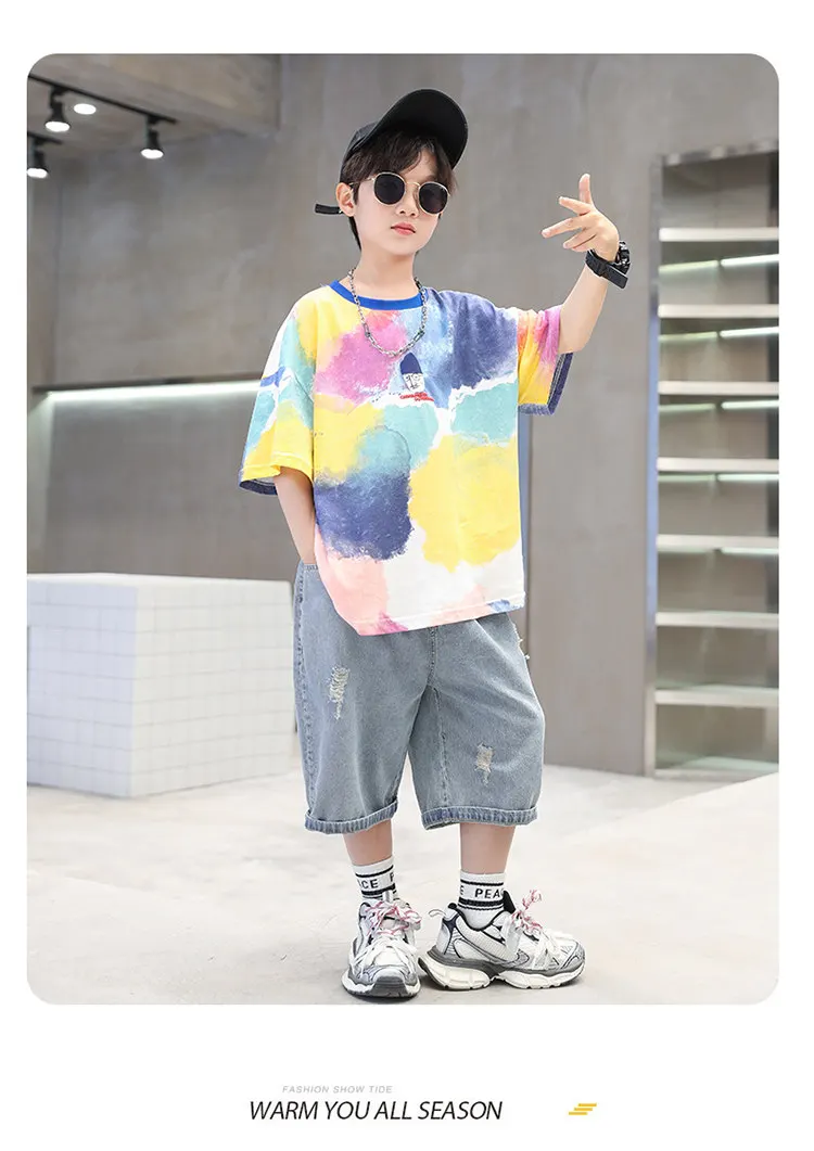 Sommer Tie-Dye Coole Kinder Jungen Freizeit-Oberteile Bedrucktes Trendiges Kinder-T-Shirt Kurzarm Teenager-T-Shirts Baumwoll-T-Shirt 4-14 Jahre Alt – Detail 5